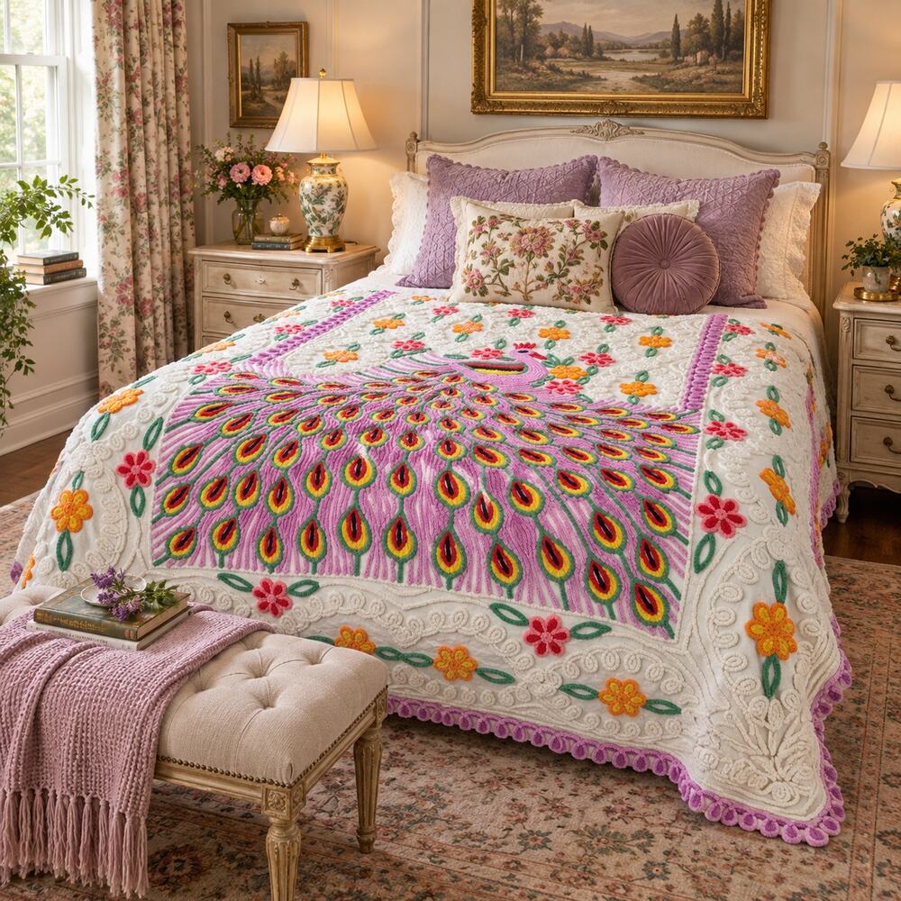 Vintage Peacock Chenille Bedspread Full Double 88 x 100 ** READ **